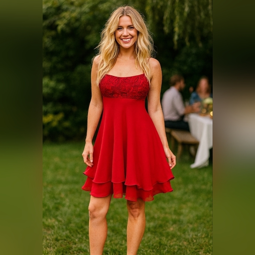 Elegant Red Spagetti Strap Dress. Flare Hem. Bead Detail. Size 6